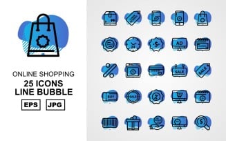 25 Premium Online Shopping Line Bubble Pack Icon Set