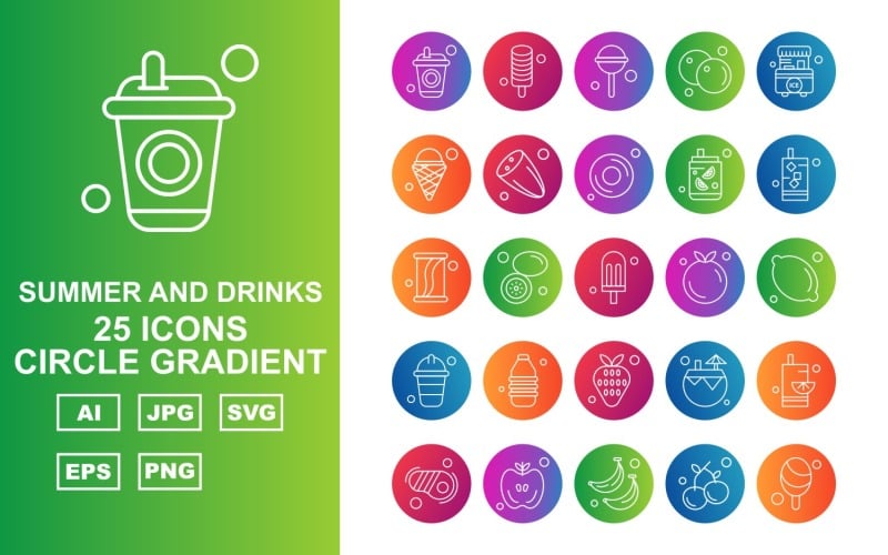 25 Premium Summer And Drinks Circle Gradient Pack Icon Set
