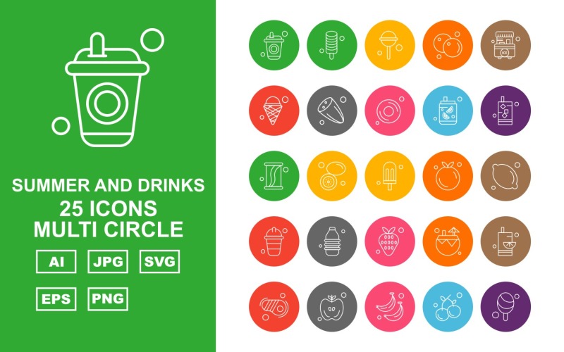 25 Premium Summer And Drinks Multi Circle Pack Icon Set
