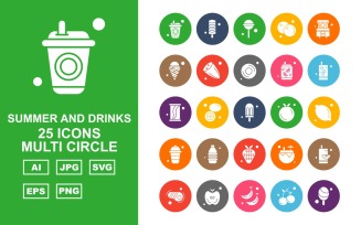 25 Premium Summer And Drinks Multi Circle Pack Icon Set