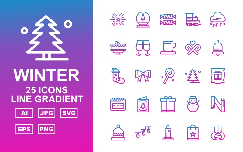25 Premium Winter Line Gradient Pack Icon Set