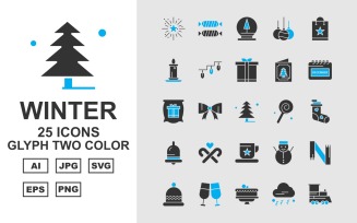 25 Premium Winter Glyph Two Color Pack Icon Set