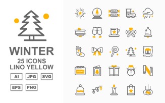 25 Premium Winter Lino Yellow Pack Icon Set
