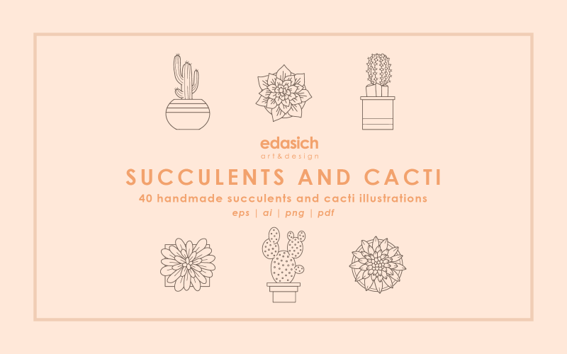 Succulents and Cacti Handmade Illustrations Set - Vector Image Vector Graphic