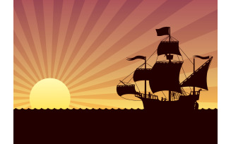 Ship Sailing Sunset - Illustration