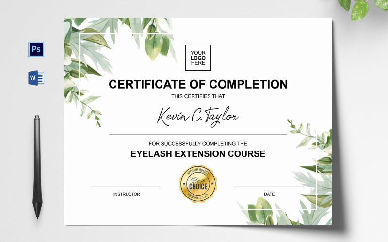 Greenery Eyelash Extension Certificate Template