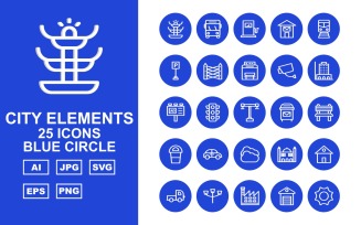 25 Premium City Elements Blue Circle Icon Set