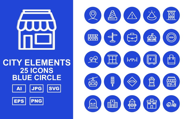 25 Premium City Elements Blue Circle Icon Set