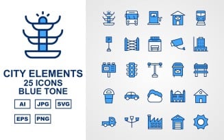 25 Premium City Elements Blue Tone Icon Set