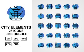 25 Premium City Elements Line Bubble Icon Set