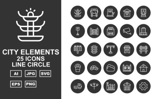 25 Premium City Elements Line Circle Icon Set
