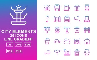 25 Premium City Elements Line Gradient Icon Set