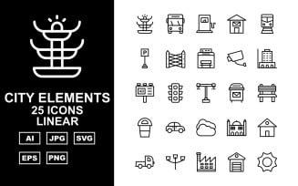 25 Premium City Elements Linear Icon Set