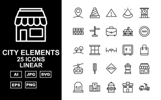 25 Premium City Elements Linear Icon Set