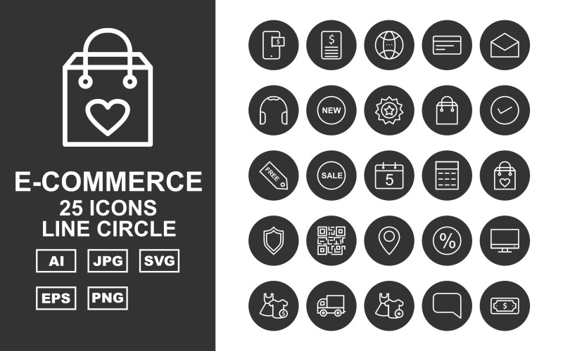 25 Premium E-Commerce Line Circle Icon Set