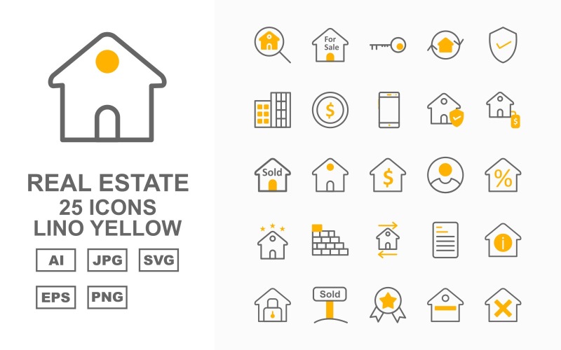 25 Premium Real Estate Lino Yellow Icon Set