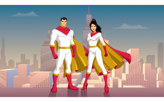 Superhero Couple Asian City Day - Illustration