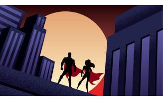 Superhero Couple City Night - Illustration