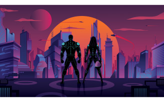 Superhero Couple in Futuristic City 2 - Illustration