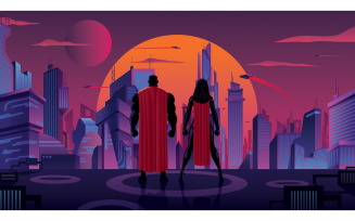 Superhero Couple in Futuristic City - Illustration