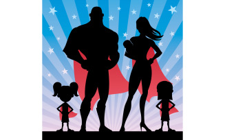 Superhero Family with 2 Girls and Baby - Illustration