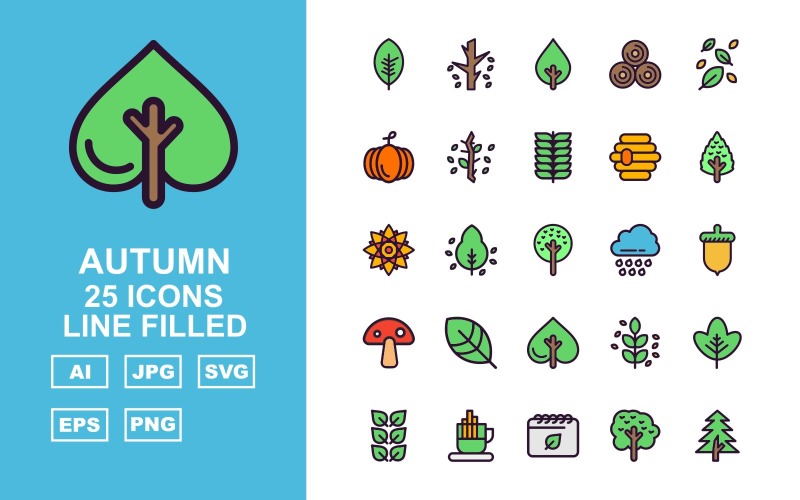 25 Premium Autumn Line Filled Icon Set