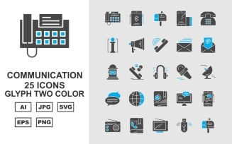 25 Premium Communication Glyph Two Color Icon Set