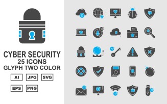 25 Premium Cyber Security Glyph Two Color Icon Set