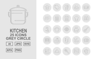 25 Premium Kitchen Grey Circle Icon Set