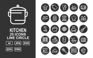 25 Premium Kitchen Line Circle Icon Set
