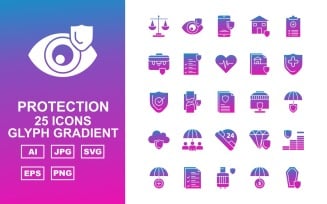 25 Premium Protection Glyph Gradient Icon Set
