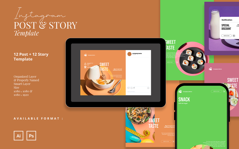 Stylist Colorful Food Instagram Post and Story Template for Social Media