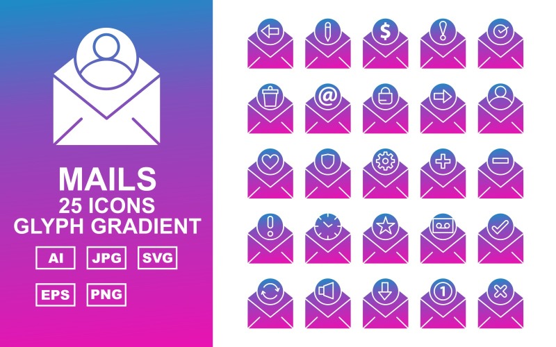 25 Premium Mails Glyph Gradient Icon Set