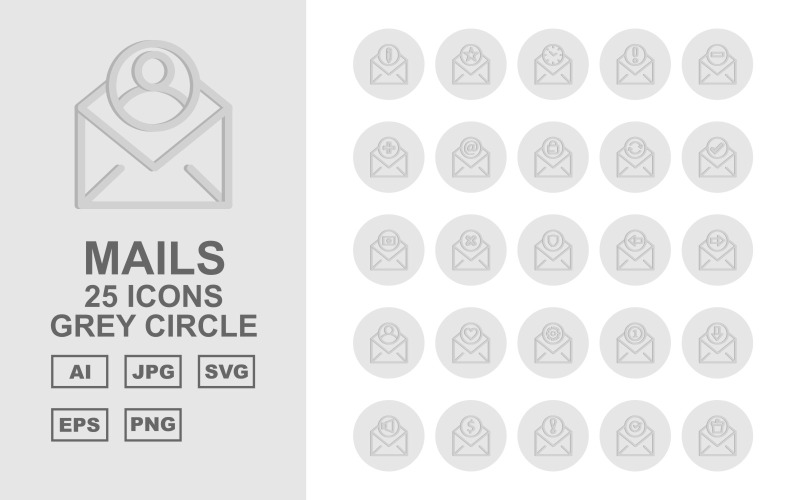 25 Premium Mails Grey Circle Icon Set
