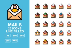 25 Premium Mails Line Filled Icon Set