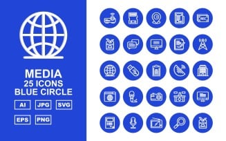 25 Premium Media Blue Circle Icon Set