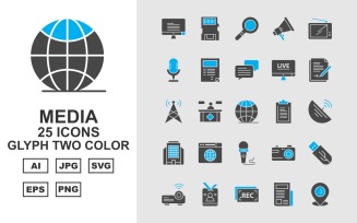 25 Premium Media Glyph Two Color Icon Set