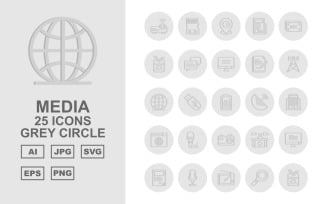 25 Premium Media Grey Circle Icon Set