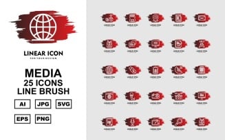 25 Premium Media Line Brush Icon Set