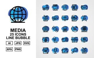 25 Premium Media Line Bubble Icon Set