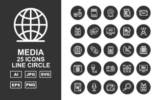 25 Premium Media Line Circle Icon Set