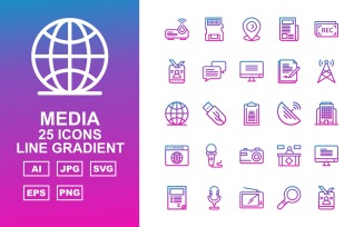 25 Premium Media Line Gradient Icon Set