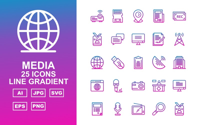 25 Premium Media Line Gradient Icon Set