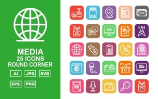 25 Premium Media Round Corner Icon Set