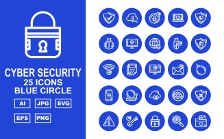 25 Premium Cyber Security Blue Circle Icon Set