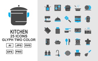 25 Premium Kitchen Glyph Two Color Icon Set