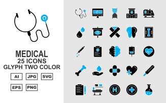 25 Premium Medical Glyph Two Color Icon Set