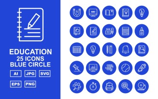 25 Premium Education Blue Circle Icon Set