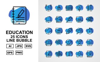 25 Premium Education Line Bubble Icon Set