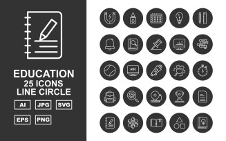 25 Premium Education Line Circle Icon Set
